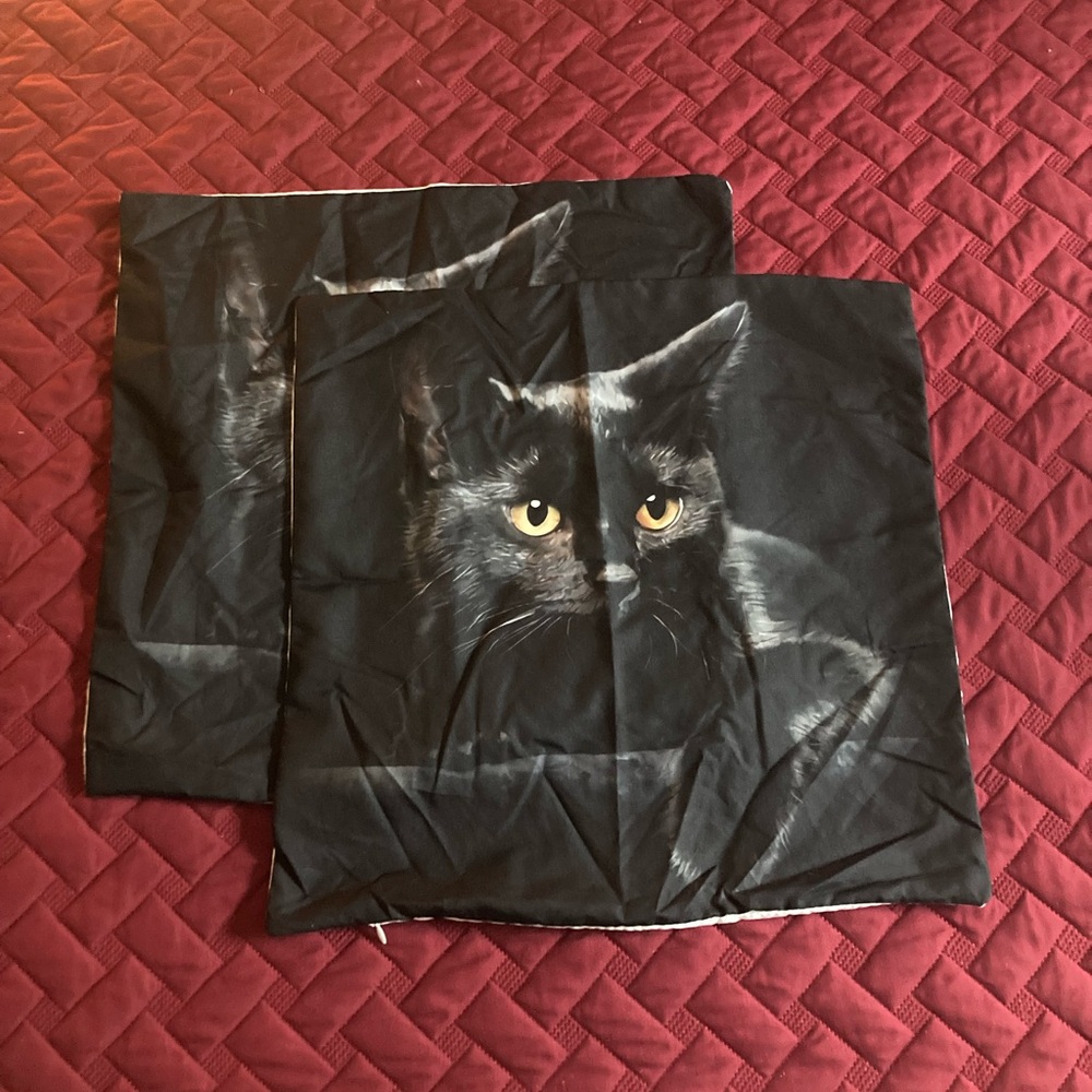 Set Of 2 Black Cat Throw Pillow Covers - 16”x16” 🐈‍⬛